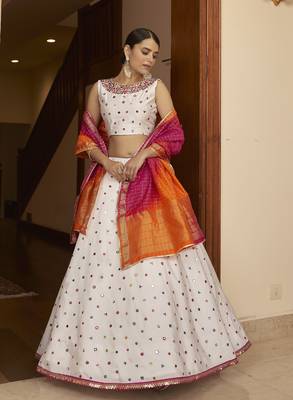 White Thread With Sequance Embroidered With Mirror Work Art Silk Semi Stitched Lehenga 3
