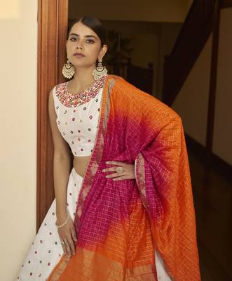 White Thread With Sequance Embroidered With Mirror Work Art Silk Semi Stitched Lehenga 4