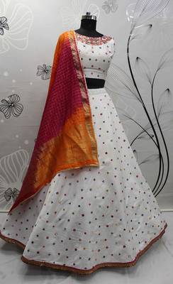 White Thread With Sequance Embroidered With Mirror Work Art Silk Semi Stitched Lehenga 5