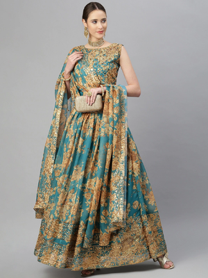 Stunning Teal Blue Organza Zari And Sequins Work Floral Wedding Lehenga Choli For Women 4