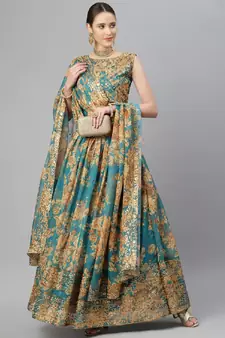 Stunning Teal Blue Organza Zari And Sequins Work Floral Wedding Lehenga Choli For Women