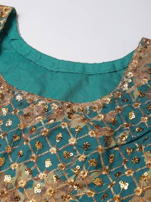 Stunning Teal Blue Organza Zari And Sequins Work Floral Wedding Lehenga Choli For Women 5