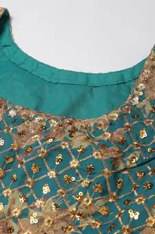 Stunning Teal Blue Organza Zari And Sequins Work Floral Wedding Lehenga Choli For Women