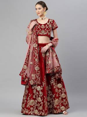  Maroon Zari Embroidered Wedding Bridal Velvet Lehenga Choli With Dupatta 2