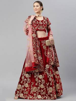  Maroon Zari Embroidered Wedding Bridal Velvet Lehenga Choli With Dupatta 5