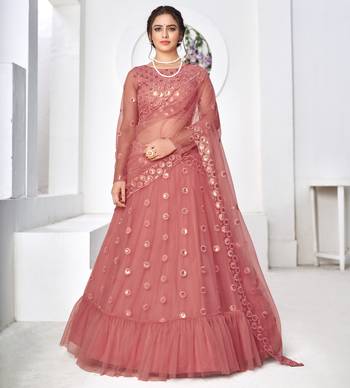 Irresistible Dusty Pink Thread With Sequins Embroidered Net Wedding Lehenga Choli 1