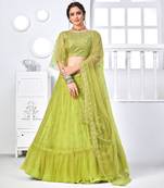 Fascinating Fluorescent Green Thread With Sequins Embroidered Net Party Wear Lehenga Choli