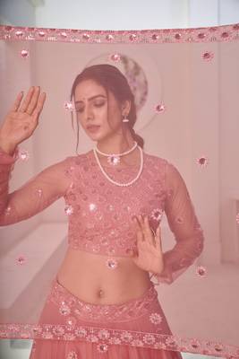 Irresistible Dusty Pink Thread With Sequins Embroidered Net Wedding Lehenga Choli 3