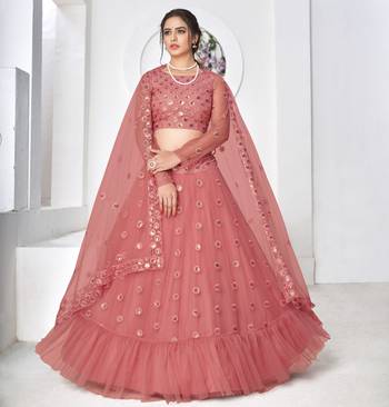 Irresistible Dusty Pink Thread With Sequins Embroidered Net Wedding Lehenga Choli 4
