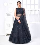 Prepossessing Navy Blue Thread With Sequins Embroidered Net Wedding Lehenga Choli