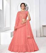 Glamorous Peach Thread With Sequins Embroidered Net Wedding Lehenga Choli