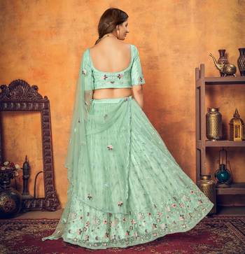 Good Looking Mint Green Thread With Sequins Embroidered Net Semi Stitched Wedding Lehenga 2