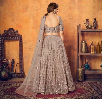 Prepossessing Dusty Rose Pink Thread With Sequins Embroidered Net Semi Stitched Party Lehenga 2