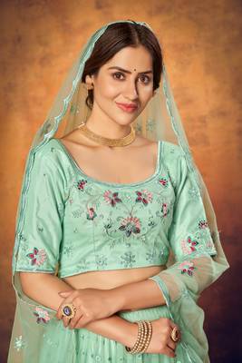 Good Looking Mint Green Thread With Sequins Embroidered Net Semi Stitched Wedding Lehenga 4