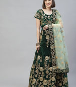 Dazzling Dark Green Embroidered Velvet Wedding Bridal Lehenga Choli With Dupatta