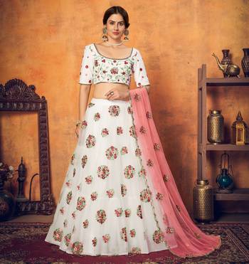 Lovely White Thread With Sequins Embroidered Net Semi Stitched Party Lehenga 1