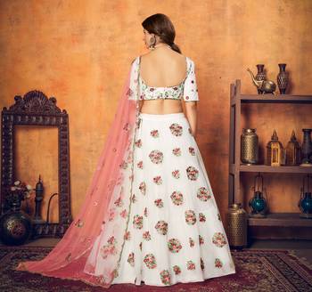 Lovely White Thread With Sequins Embroidered Net Semi Stitched Party Lehenga 2