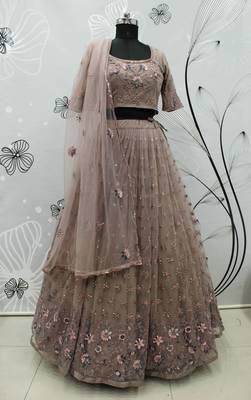 Prepossessing Dusty Rose Pink Thread With Sequins Embroidered Net Semi Stitched Party Lehenga 5