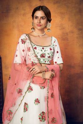 Lovely White Thread With Sequins Embroidered Net Semi Stitched Party Lehenga 3