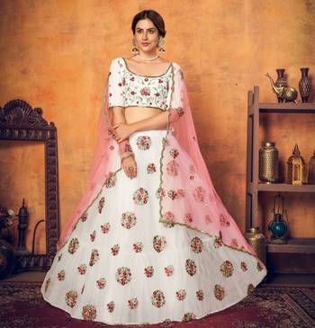 Lovely White Thread With Sequins Embroidered Net Semi Stitched Party Lehenga 4
