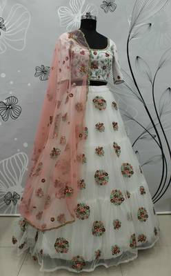 Lovely White Thread With Sequins Embroidered Net Semi Stitched Party Lehenga 5