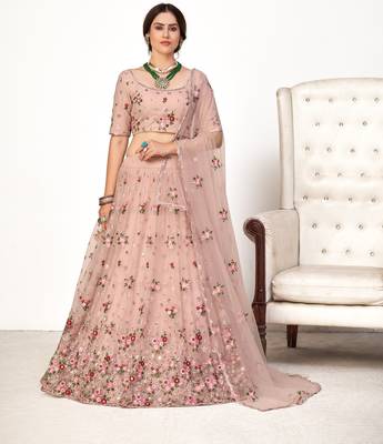Enchanting Light Pink Net Ghagra Choli with Floral Threadwork | Semi-Stitched Wedding Wear 1