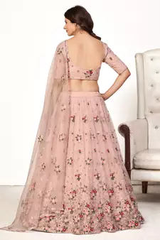 Enchanting Light Pink Net Ghagra Choli with Floral Threadwork | Semi-Stitched Wedding Wear