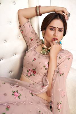 Enchanting Light Pink Net Ghagra Choli with Floral Threadwork | Semi-Stitched Wedding Wear 3