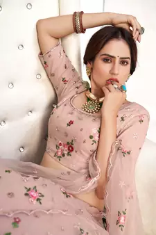 Enchanting Light Pink Net Ghagra Choli with Floral Threadwork | Semi-Stitched Wedding Wear