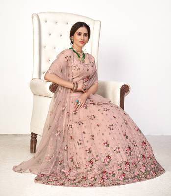 Enchanting Light Pink Net Ghagra Choli with Floral Threadwork | Semi-Stitched Wedding Wear 4