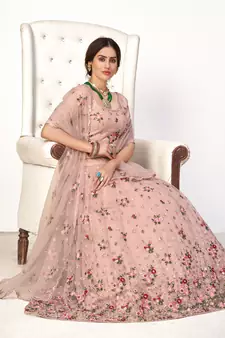 Enchanting Light Pink Net Ghagra Choli with Floral Threadwork | Semi-Stitched Wedding Wear