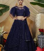 Navy Blue Thread And Sequence Embroidered Net Semi Stitched Lehenga