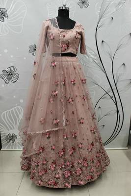 Enchanting Light Pink Net Ghagra Choli with Floral Threadwork | Semi-Stitched Wedding Wear 5