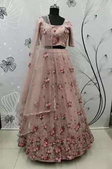 Enchanting Light Pink Net Ghagra Choli with Floral Threadwork | Semi-Stitched Wedding Wear