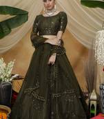 Olive Green Thread With Sequence Embroidered Net Semi Stitched Lehenga