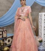 Orange Thread And Sequins Embroidered Net Semi Stitched Lehenga