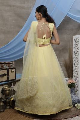 Yellow Thread Embroidered Net Semi Stitched Bridal Lehenga 2