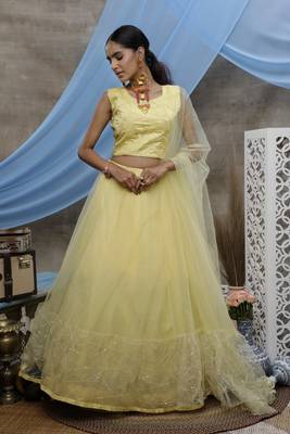 Yellow Thread Embroidered Net Semi Stitched Bridal Lehenga 4