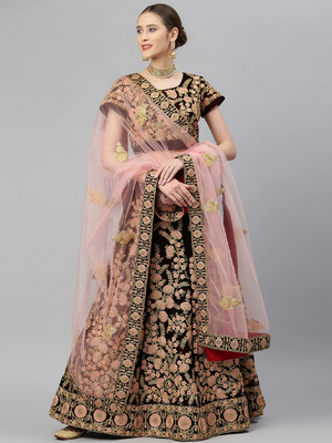 Exquisite Maroon Thread, Dori & Sequins Embroidered Velvet Semi Stitched Bridal Lehenga 4