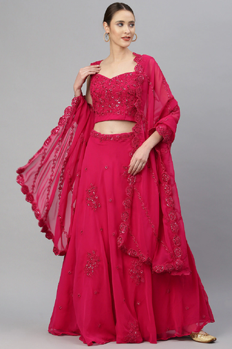 Eye Catching Romantic Rani Pink Zari, Sequins, And Dori Embroidered Georgette Semi Stitched Party Wear Lehenga