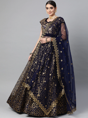 Stunning Navy Blue Sequins And Zari Embroidered Designer Heavy Work Lehenga Choli With Dupatta 1