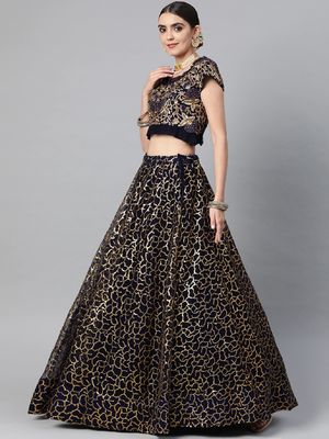 Stunning Navy Blue Sequins And Zari Embroidered Designer Heavy Work Lehenga Choli With Dupatta 3