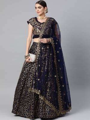 Stunning Navy Blue Sequins And Zari Embroidered Designer Heavy Work Lehenga Choli With Dupatta 4