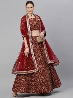 Maroon Zari And Heavy Sequins Embroidered Art Silk Semi Stitched Lehenga Choli With Dupatta 1