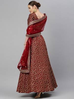 Maroon Zari And Heavy Sequins Embroidered Art Silk Semi Stitched Lehenga Choli With Dupatta 2