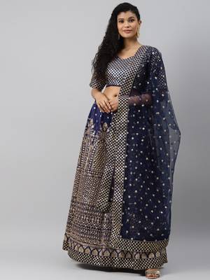 Engaging Navy Blue Zari &Glitter Sequins Embroidered Art Silk Semi Stitched Party Wear Lehenga 1