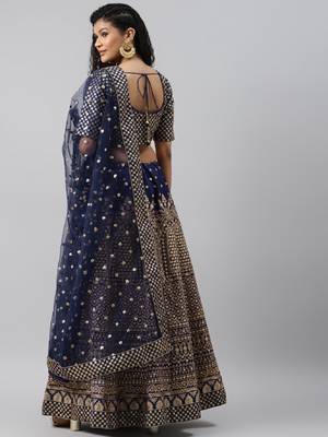 Engaging Navy Blue Zari &Glitter Sequins Embroidered Art Silk Semi Stitched Party Wear Lehenga 2