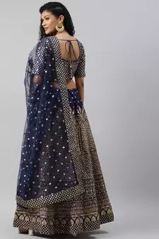 Engaging Navy Blue Zari &Glitter Sequins Embroidered Art Silk Semi Stitched Party Wear Lehenga