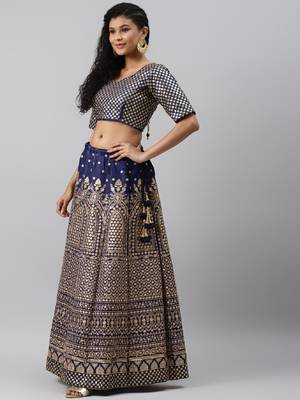Engaging Navy Blue Zari &Glitter Sequins Embroidered Art Silk Semi Stitched Party Wear Lehenga 3
