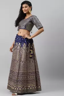 Engaging Navy Blue Zari &Glitter Sequins Embroidered Art Silk Semi Stitched Party Wear Lehenga